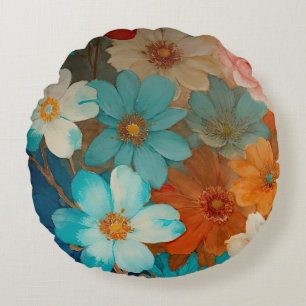 Coussins Ronds Flore rouille, rose et turquoise