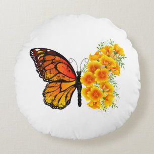 Coussins Ronds Flower Butterfly with Yellow California Poppy