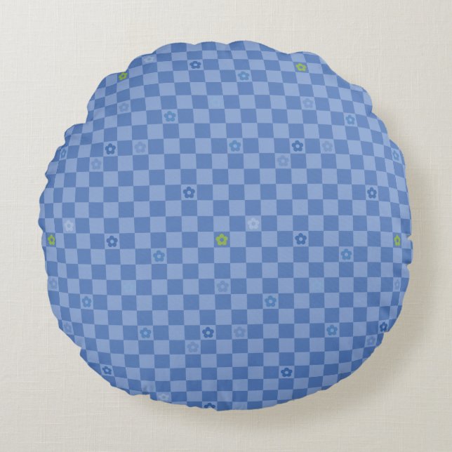 Coussins Ronds Flower Checkered Pattern No. 01 - Light Blue (Devant)