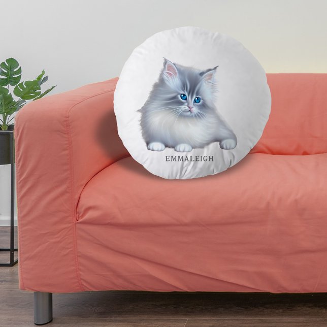 Coussins Ronds Fluffy blanc et gris Fluffy Kitten (Créateur téléchargé)