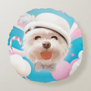 Coussins Ronds Fluffy Dog avec Casquette blanc
