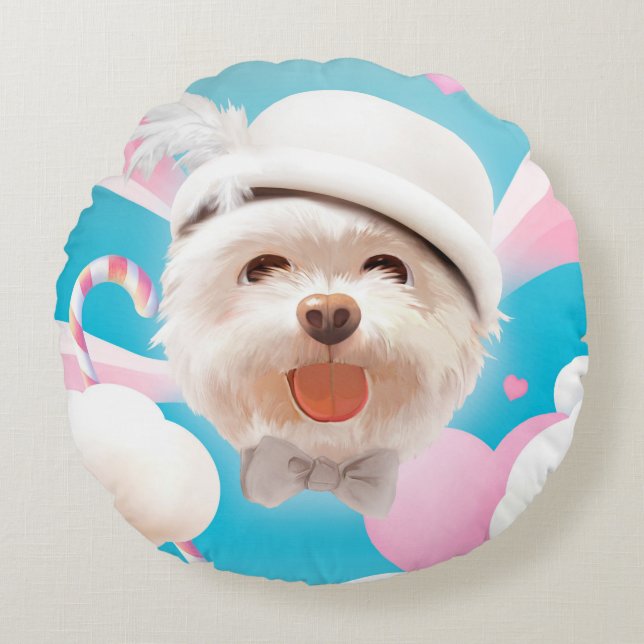 Coussins Ronds Fluffy Dog avec Casquette blanc (Devant)