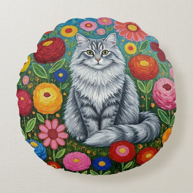 Coussins Ronds Fluffy Gray Striped Cat with Folk Art Flowers (Devant)