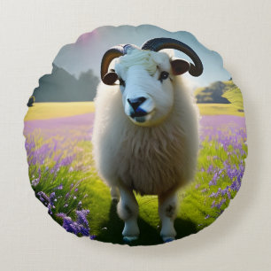 Coussins Ronds Fluffy Sheep champ de fleurs violettes