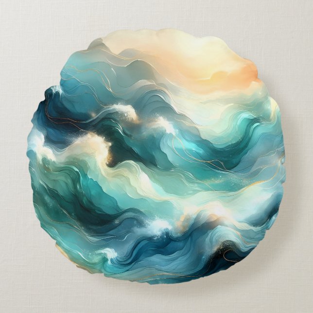 Coussins Ronds Flux d'océan doré Vagues abstraites (Devant)