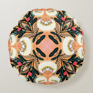 Coussins Ronds Folk floral symmetric seamless pattern hand painte