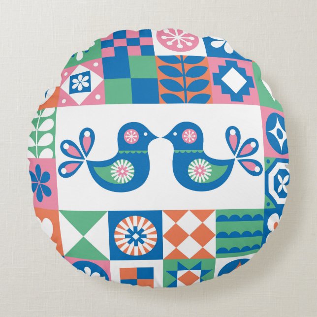 Coussins Ronds Folklore Floral Card : Design scandinave. (Devant)