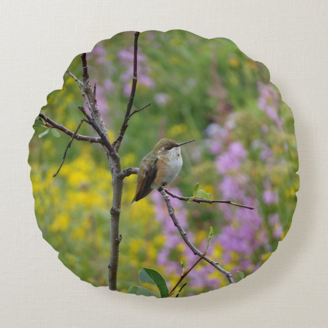 Coussins Ronds Fond floral violet rose colibri (Devant)