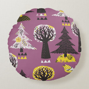 Coussins Ronds Forêt colorée avec oiseaux, tuile transparente.