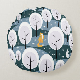 Coussins Ronds Forêt d'hiver de Noël : Animaux Motifs sans coutur