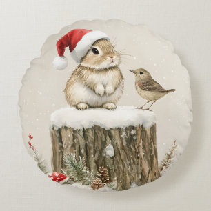 Coussins Ronds Forêt enneigée Bois hivernal Noël Lapin Oiseau