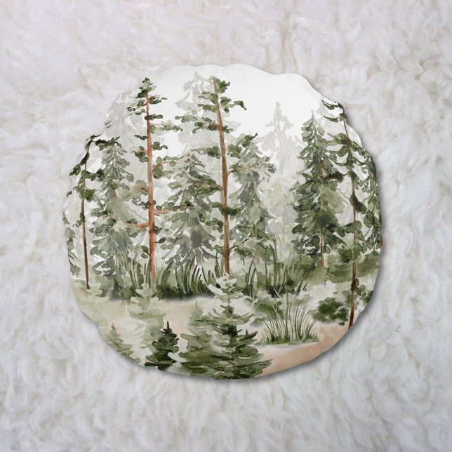Coussins Ronds Forêt Verte Rustique Aquarelle (In situ)