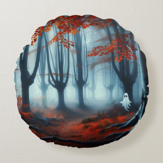 Coussins Ronds Forêts éffrayantes d'automne avec un fantôme (Devant)