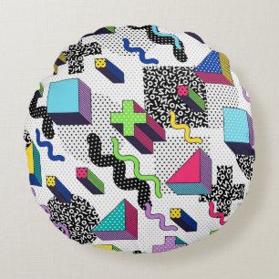 Coussins Ronds Formes géométriques multicolores, motif rétro.