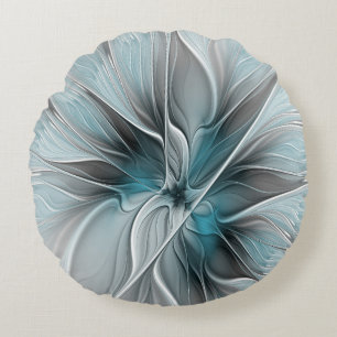 Coussins Ronds Fractal Floral Moderne Abstrait Fleur Bleu Gris