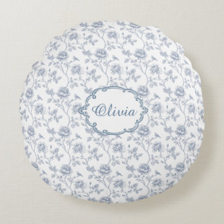Coussins Ronds French Blue Toile Chinoiserie Floral Girls Name