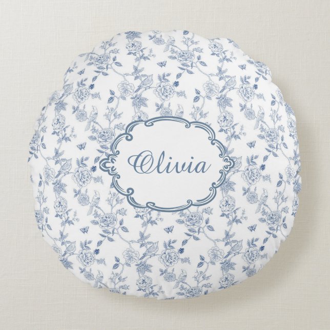 Coussins Ronds French Blue Toile Chinoiserie Floral Girls Name (Devant)