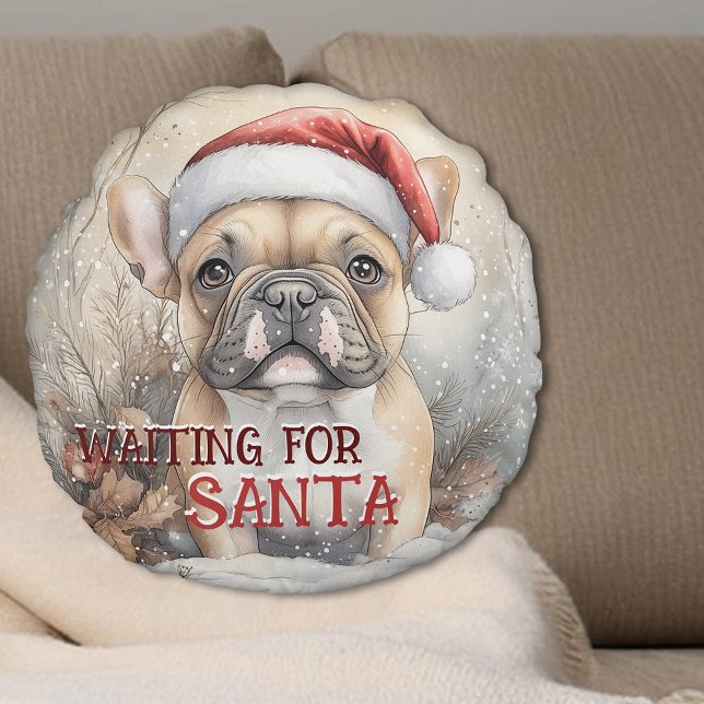 Coussins Ronds French Bulldog Attend Père Noël Christmas (French Bulldog Waiting For Santa Christmas Round Pillow - Personalize with your own message)