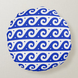 Coussins Ronds Fret grec, Motif d'onde méditerranéen, Bleu