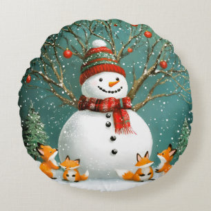 Coussins Ronds Frosty Winter Whimsical Snowman Fox Wonderland