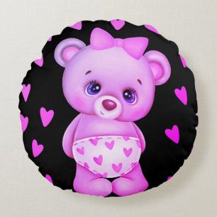 Coussins Ronds Fuchsia Heart Print Teddy Bear Jeu d'oreiller