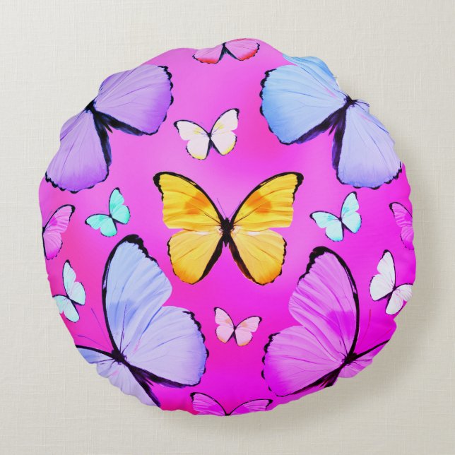 Coussins Ronds Fuchsia Papillon à imprimer à l'oreiller à lancer  (Dos)
