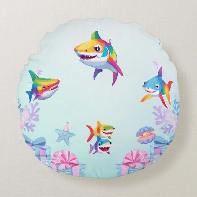 Coussins Ronds Fun arc-en-ciel requin anniversaire ballon fête fa (Devant)