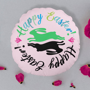 Coussins Ronds Fun Girly rose Coloré Bunnies de Pâques Typographi