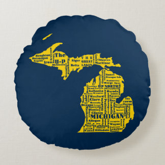 Coussins Ronds Fun Yellow et Navy Blue State of Michigan villes