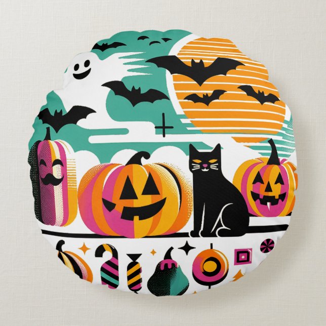 Coussins Ronds Funky Retro Wave Halloween Pumpkin Black Cat Ghost (Devant)
