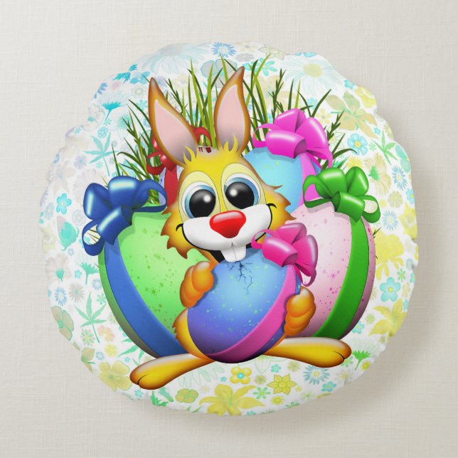Coussins Ronds Funny Bunny biting an Easter Egg (Devant)