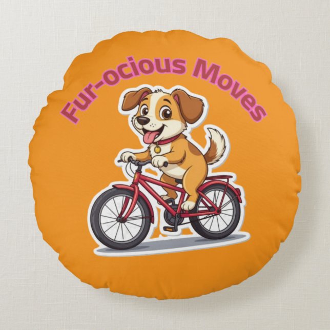Coussins Ronds **Funny Cycling Dog – Cute Dog Riding a Bicycle Il (Devant)