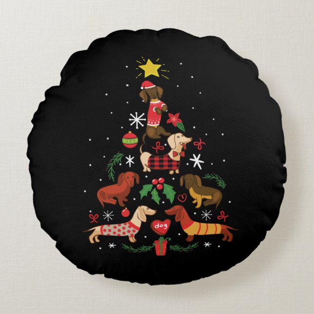 Coussins Ronds Funny Dachshund sapin de Noël (Devant)