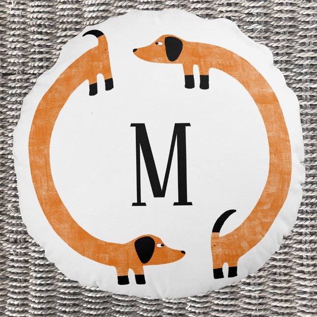 Coussins Ronds Funny Dachshund Saucisse Chien Monogramme (Fun Dachshund Wiener Sausage Dog personalized monogram initial round pillow for dog lovers)