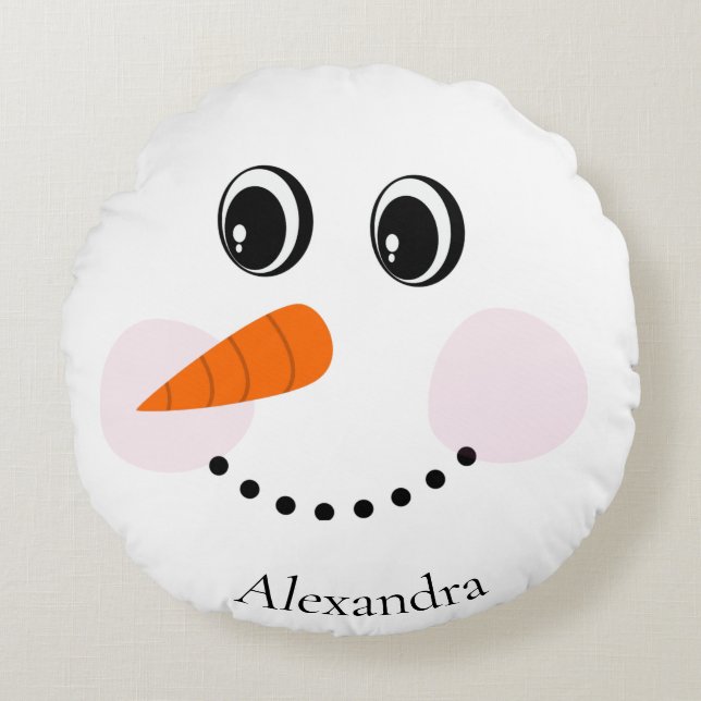 Coussins Ronds Funny Happy Snowman Visage Monogramme Avec Nom (Devant)