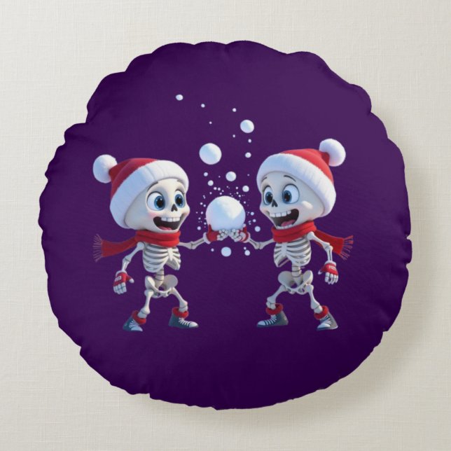 Coussins Ronds Funny Santa Skeletons Having a Snowball Fight  (Devant)