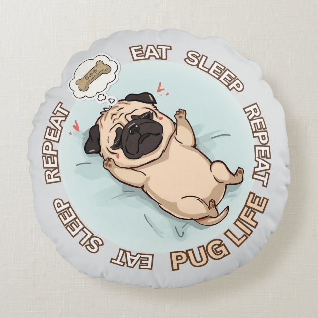 Coussins Ronds Funny Sleeping Pug Round Pillow | Eat Sleep Repeat (Devant)