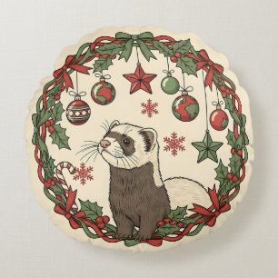 Coussins Ronds Furet de Noël adorable dans une couronne de houx
