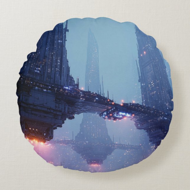 Coussins Ronds Futuristic Cityscape with Hovering Structures (Devant)