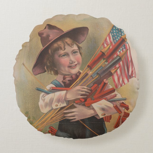 Coussins Ronds Garçon avec Feux d'Artifice, Drapeau Américain, Im (Devant)