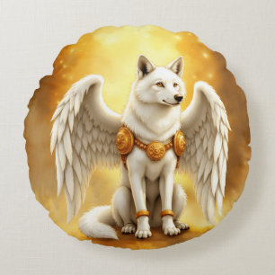 Coussins Ronds Gardien de l'Aube – Le Loup aux Ailes Blanches.