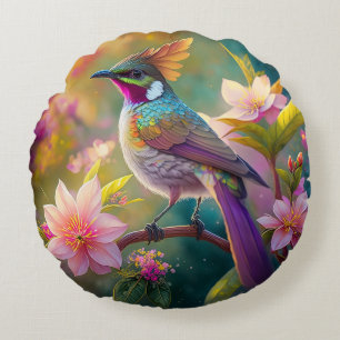 Coussins Ronds Geai arc-en-ciel à crête orange, oiseau de fantais