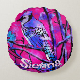Coussins Ronds Geai bleu arbre branche rose personnalisé 