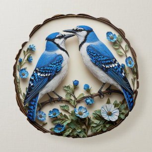 Coussins Ronds Geais bleus stylisés sur papier botanique décorati