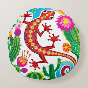 Coussins Ronds Gecko du Sud-Ouest avec Fleurs de Cactus