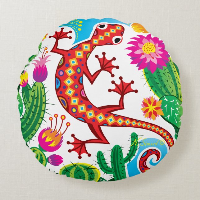Coussins Ronds Gecko du Sud-Ouest avec Fleurs de Cactus (Devant)