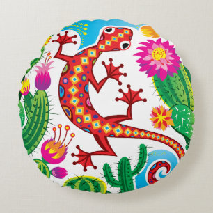Coussins Ronds Gecko du Sud-Ouest avec Fleurs de Cactus