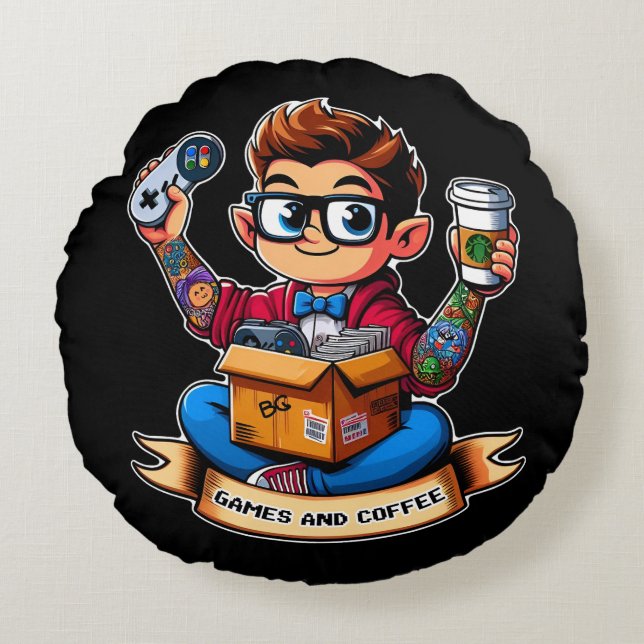 Coussins Ronds Geek de jeux et de café (Devant)