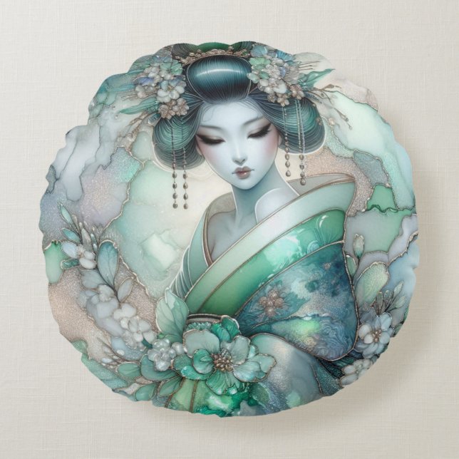 Coussins Ronds Geisha en vert série de design #1 (Devant)