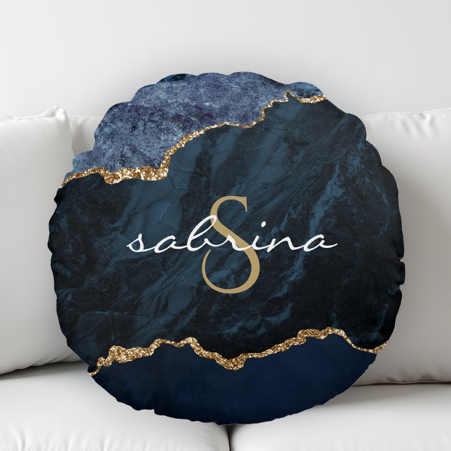 Coussins Ronds Géode d'agate bleu marine Monogram (Créateur téléchargé)